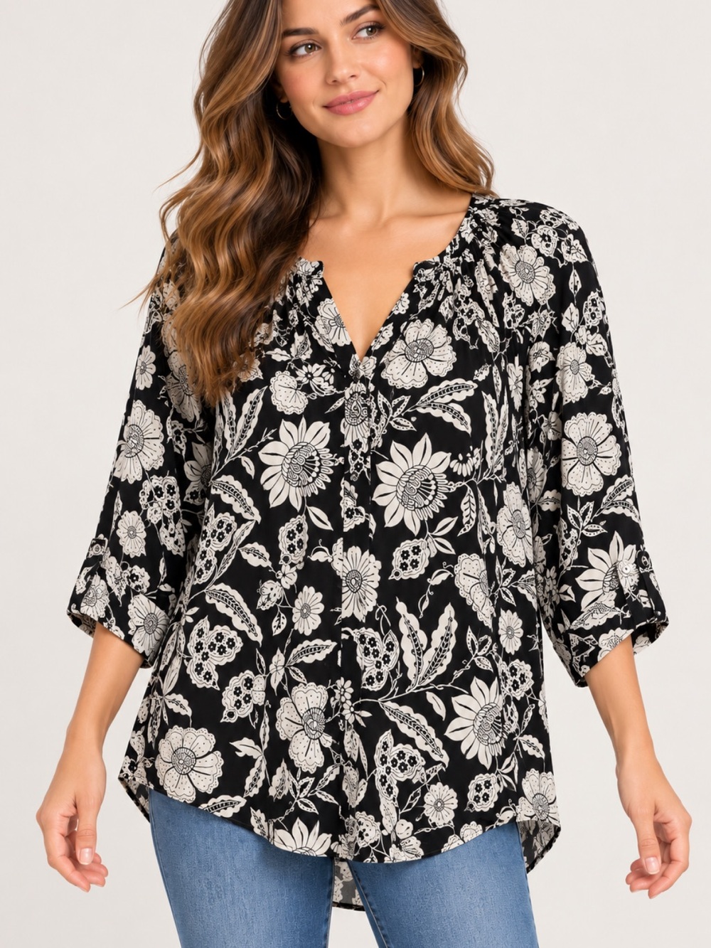 JNY Jones New York 3X Black White Floral Rayon Blouse 3/4 Sleeve